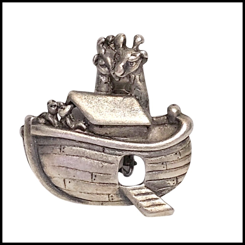 AJC Noah's Ark Pin Brooch Animal Pairs Religious Silver Tone Vintage